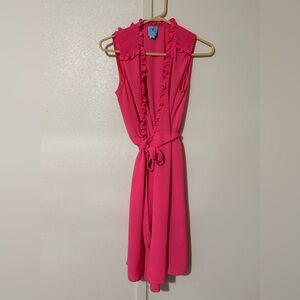 CeCe Cute Chic Bright Pink Ruffle Adjustable Waist Tie Midi Size Medium Dress